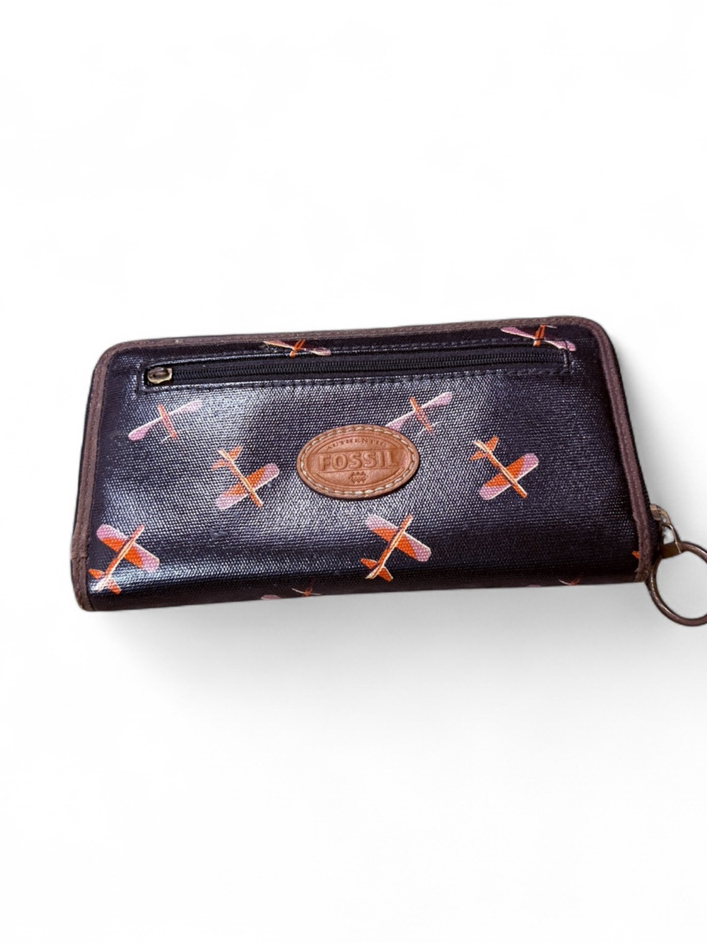Fossil Black Wallet with Orange and Pink Airplane Print